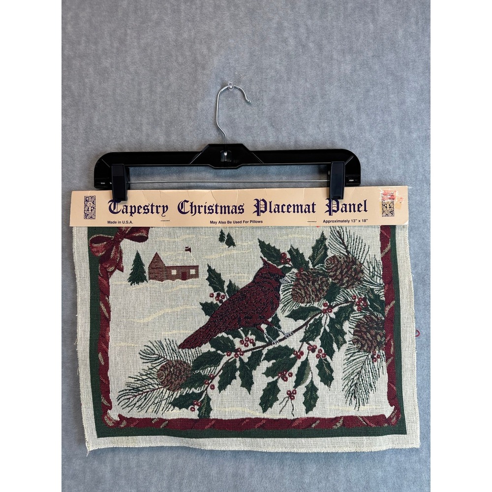 2‎ - VTG Tapestry Placemat Panels Cardinal Holly Pine Cones Rustic 13 X 18 Farm